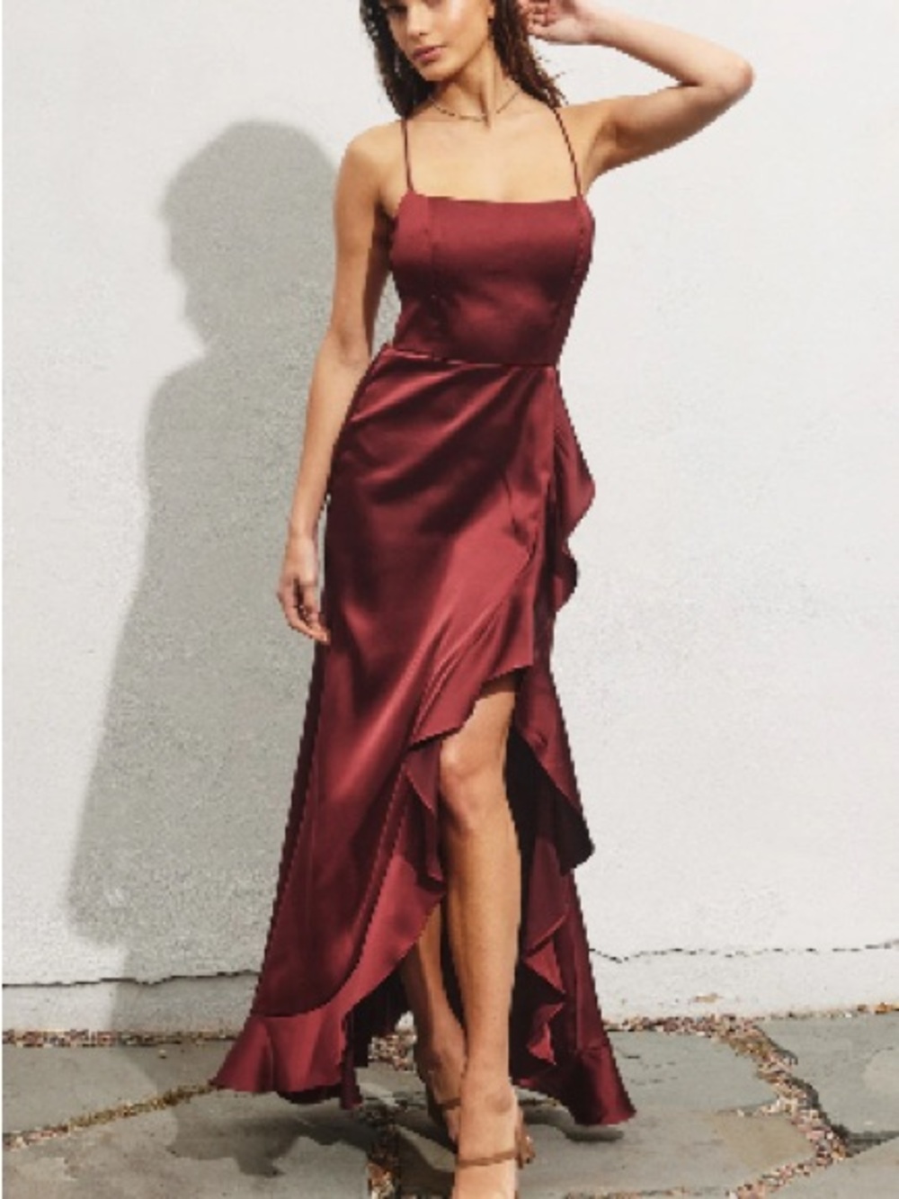 Dress Forum Burgundy Satin High-Low Ruffle Gown